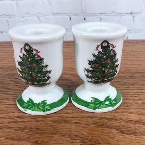 Yule Tide Candlestick Holders pair, Christmas tree Spode like 4” tall EUC